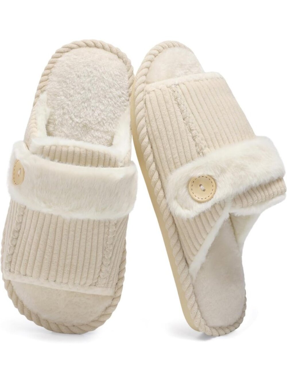Women's Beige Fuzzy Open Toe Slippers Memory Foam Faux Fur House Non-slip Shoes